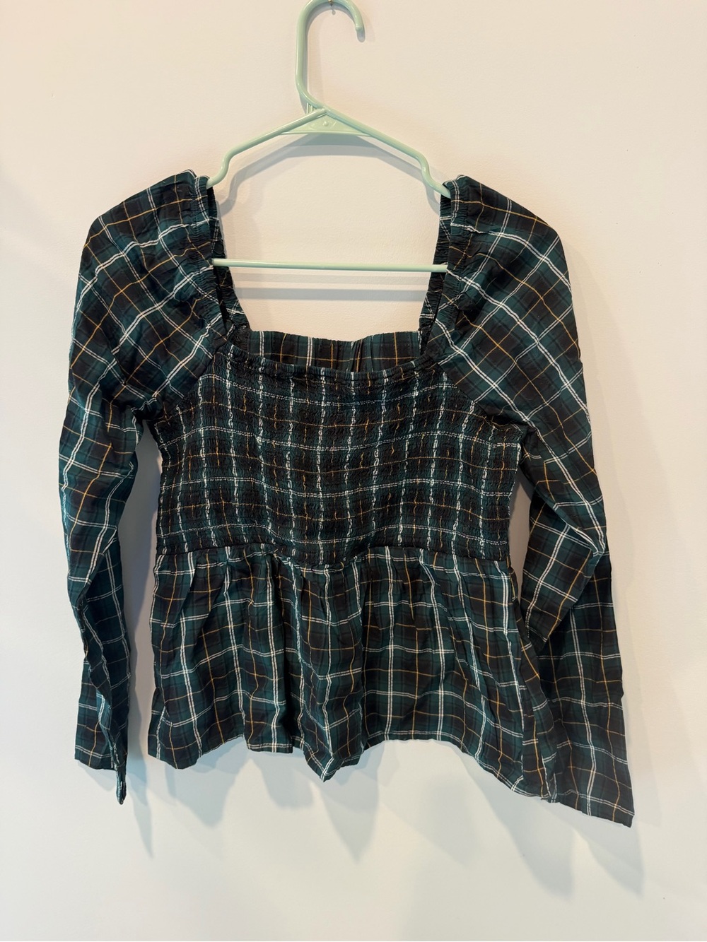 Old Navy Dark Green Plaid Smocked Peplum Long Sleeve Top